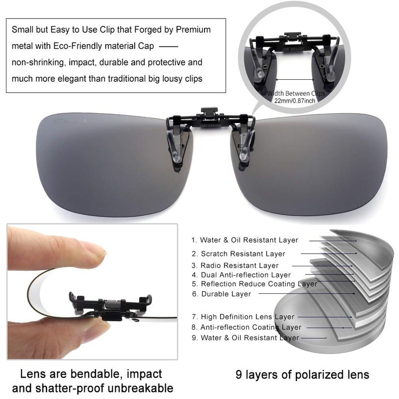 CAXMAN Polarized Clip On Sunglasses Over Prescription Glasses for Men Women UV Protection Flip Up Grey Lens Large Size - Image 1